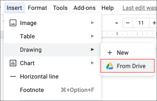 Haga clic en Insertar, Dibujar, Desde Drive en Google Docs