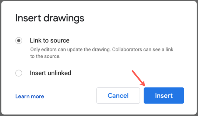 Elija si desea vincular o no un dibujo en Google Docs