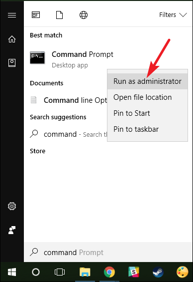Haga clic con el botón derecho en el acceso directo del símbolo del sistema y seleccione "Ejecutar como administrador."