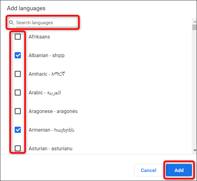 Encuentre su idioma preferido con el cuadro de búsqueda o desplazándose por la lista, marque la casilla junto a él y luego haga clic en "Agregar."