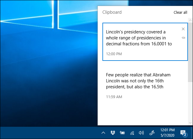 La ventana Historial del portapapeles en Windows 10