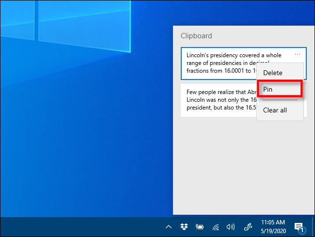 Haga clic en Anclar al historial del portapapeles en Windows 10