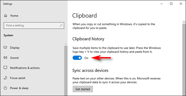 Haga clic en el interruptor de historial del portapapeles en la configuración del sistema de Windows 10