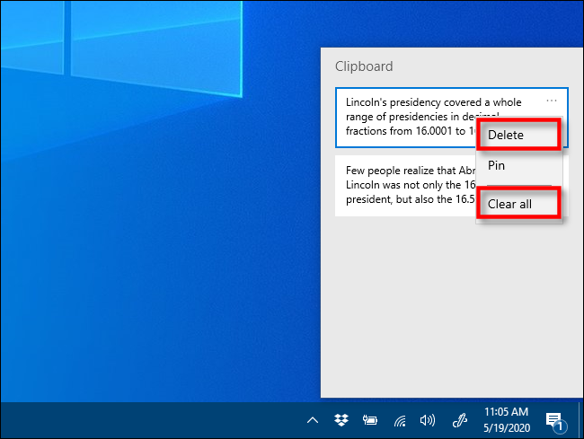 Haga clic en Eliminar o Borrar todo en el historial del portapapeles para eliminar elementos en Windows 10