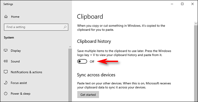 Haga clic en el interruptor de historial del portapapeles en la configuración del sistema de Windows 10 para apagarlo.