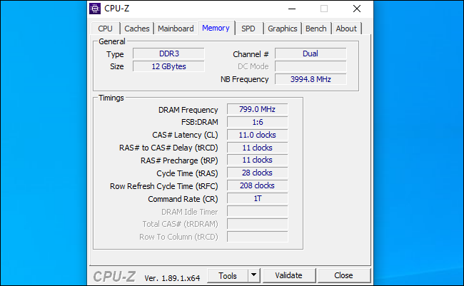 CPU-Z que muestra los tiempos de RAM