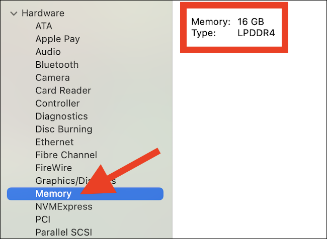 Elegir "Memoria" en la barra lateral izquierda para mostrar la RAM de tu Mac