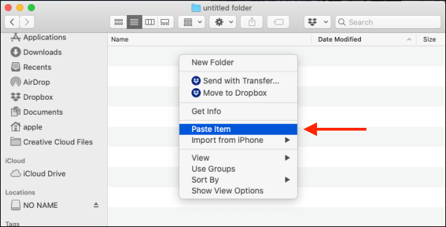 Seleccione la opción Pegar elemento en el Finder para pegar el archivo en Mac