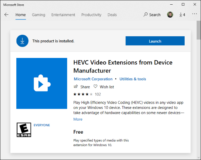 Extensiones de video HEVC gratuitas de Microsoft Store.