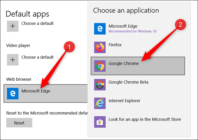 En el navegador web, haga clic en el valor predeterminado actual, luego haga clic en Google Chrome en la lista que aparece.