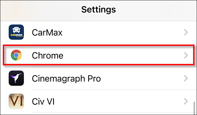 En la configuración de iPhone, toca Chrome.