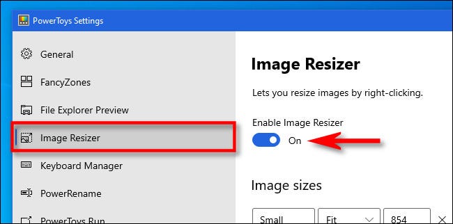 Abra PowerToys y haga clic en "Cambiar el tamaño de la imagen," luego asegúrese de que el interruptor esté en "A."
