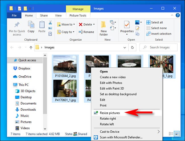 Seleccione imágenes en el explorador de archivos, luego haga clic derecho y seleccione "Cambiar el tamaño de las imágenes."