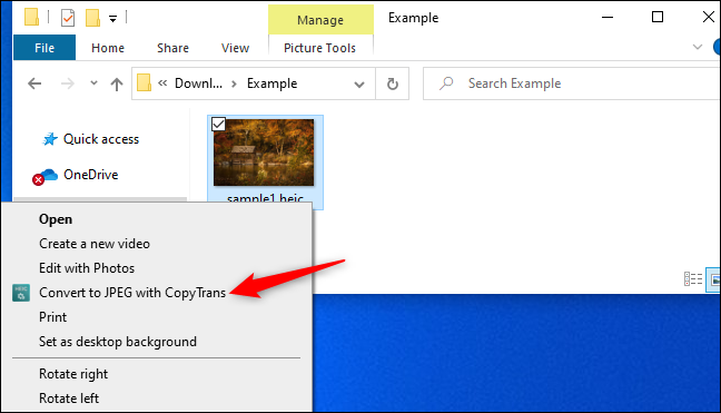 Haga clic derecho en un archivo HEIC y seleccione "Convierta a JPEG con CopyTrans."