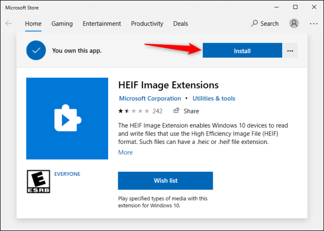 Para seleccionar "Instalar" para descargar extensiones de imagen HEIF de Microsoft Store.