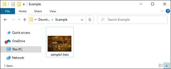 Explorador de archivos que muestra la miniatura del archivo HEIC en Windows 10.