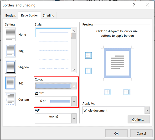 Para cambiar el ancho o el color del borde en Microsoft Word, seleccione las opciones que desee en los menús desplegables Color y Ancho en el menú de opciones Borde de página