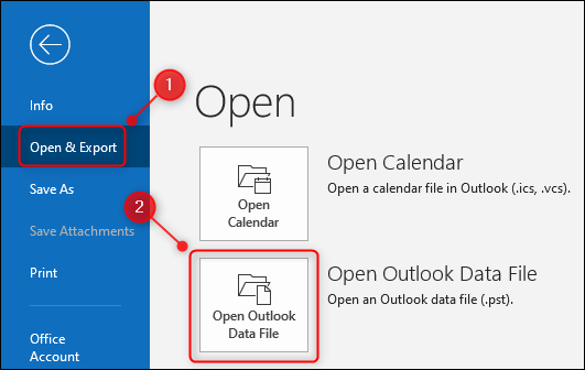 las perspectivas "Abrir archivo de datos de Outlook" opción.