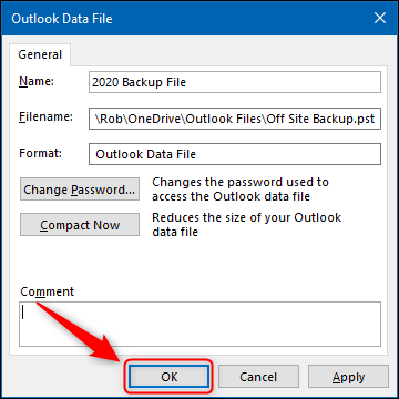 los "Correcto" en el panel Avanzado del archivo de datos de Outlook.