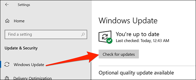 Menú de Windows Update en Configuración