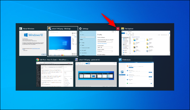 Haga clic en la X roja para cerrar una ventana en el selector Alt + Tab de Windows 10.