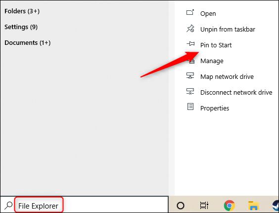 Pegar "Explorador de archivos" en el cuadro de búsqueda, luego haga clic en "Pin al principio."