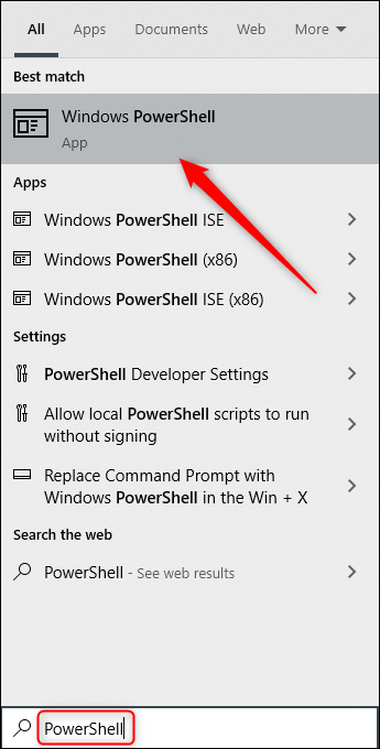 Pegar "Potencia Shell" en el cuadro de búsqueda de Windows y luego seleccione "Windows PowerShell" de los resultados.