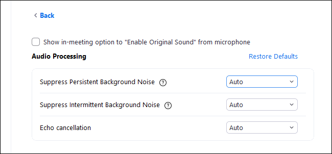 Opciones de ruido de fondo de Zoom en su ventana de Configuración.