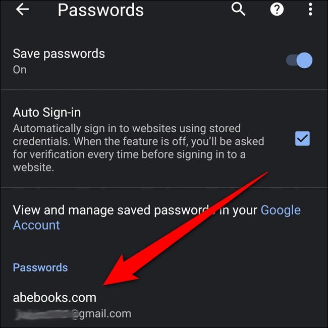 Lista de contraseñas de Google Chrome para Android.  Toque el elemento para mostrar