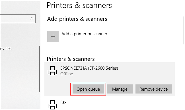 Haga clic en su impresora y haga clic en Abrir cola para abrir la cola de la impresora