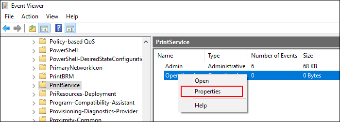 En la categoría Servicios de impresión, haga clic con el botón derecho en la configuración operativa y, a continuación, haga clic en Propiedades.