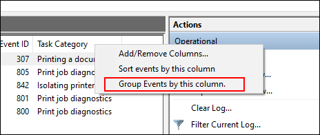 En la lista de registros del Visor de eventos, haga clic con el botón derecho en Categoría de tarea y, a continuación, haga clic en Agrupar eventos por esta categoría.
