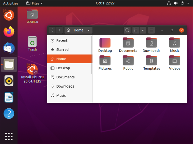 El administrador de archivos de Ubuntu Nautilus en un escritorio Ubuntu 20.04