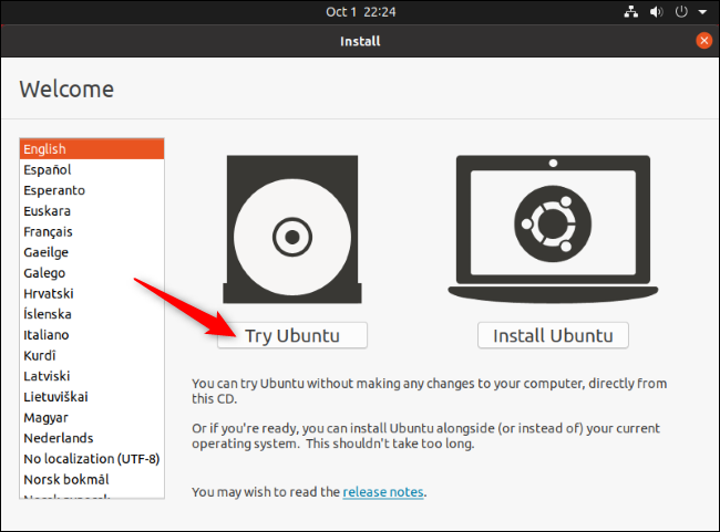 Haga clic en "Prueba Ubuntu" en la pantalla de instalación