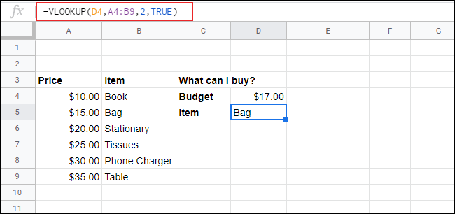 BUSCARV en Hojas de cálculo de Google con datos ordenados para encontrar el valor más cercano al valor de la clave de búsqueda.