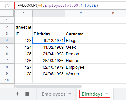 BUSCARV en Hojas de cálculo de Google, devolviendo datos de una hoja a otra.