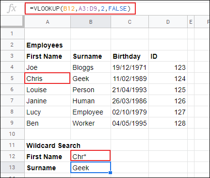 Los resultados de una búsqueda de VLOOKUP de apellido genérico utilizada en Google Sheets.