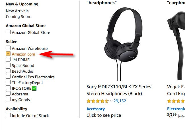 Coloque una marca de verificación junto a él. "Amazon.com" en la sección de vendedor de la barra lateral