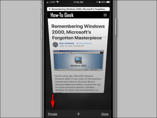 Toque el botón Privado en Safari para iPhone