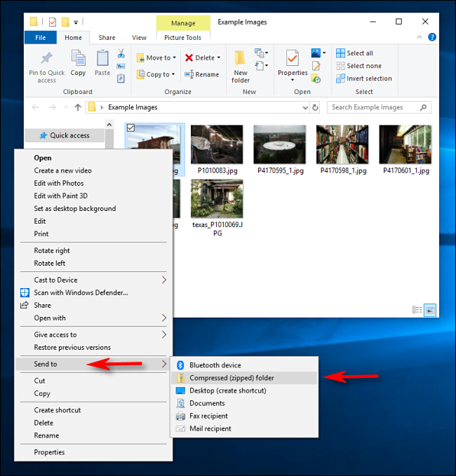 Haga clic en "Enviar a," luego seleccione "Carpeta Zip comprimida" en Windows 10.