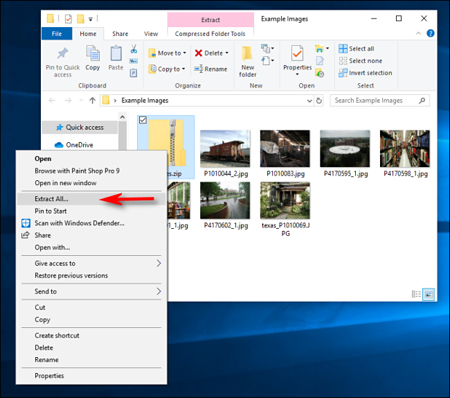 Haga clic en "Extraer todo" en Windows 10.