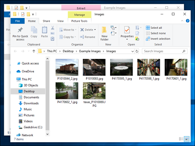 Archivos extraídos de un archivo Zip en Windows 10.