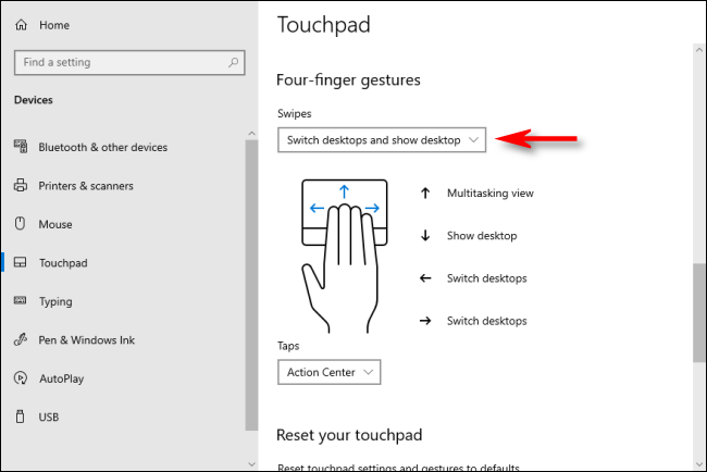 Gestos del panel táctil de cuatro dedos en Windows 10 que cambian el escritorio virtual