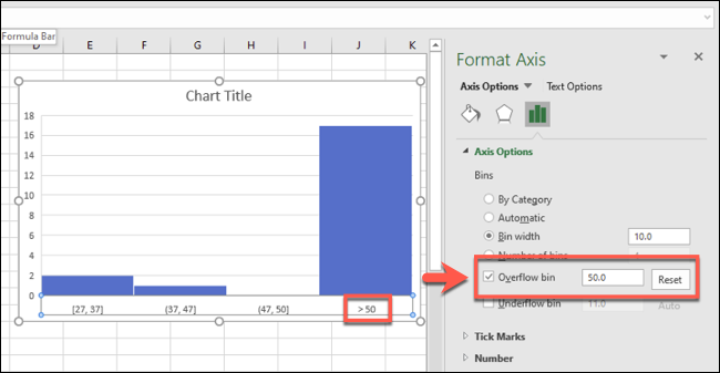 Un histograma de Excel con una figura de bandeja de desbordamiento activada