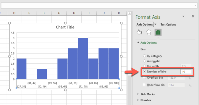 Un histograma de Excel, con agrupaciones de contenedores agrupados por número de contenedores