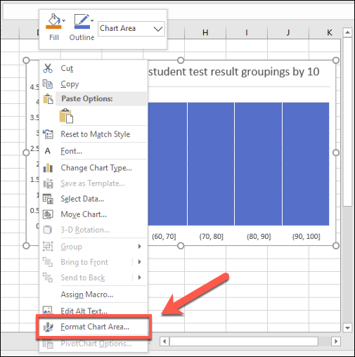 Para realizar cambios estéticos en un histograma de Excel, haga clic con el botón derecho y presione el botón Formato en el área del gráfico