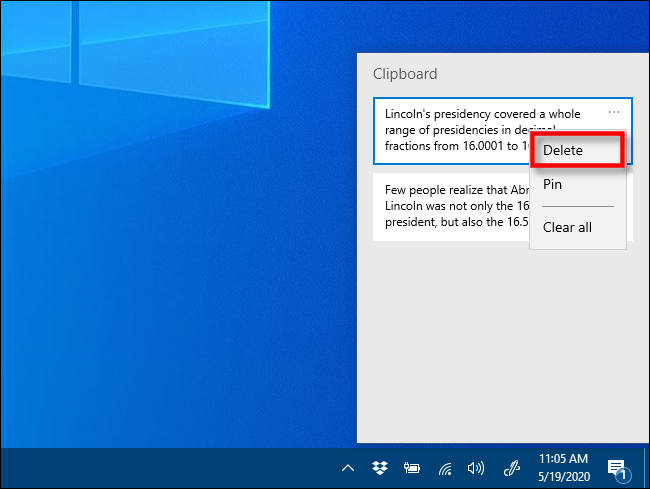 Haga clic en Eliminar en el historial del portapapeles en Windows 10