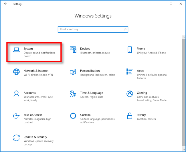 Haga clic en Sistema en Configuración en Windows 10