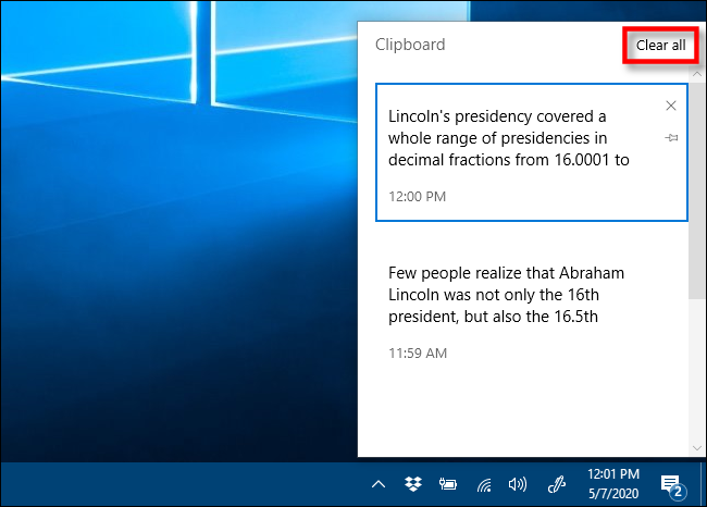 Haga clic en Borrar todo para eliminar elementos de su historial del portapapeles