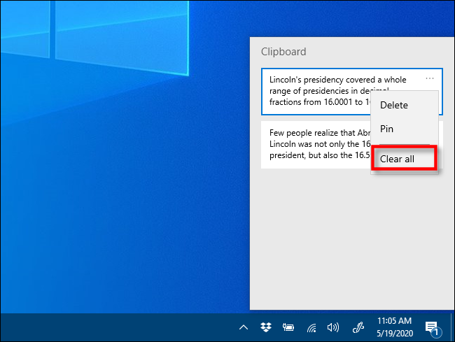 Haga clic en Borrar todo en el historial del portapapeles en Windows 10